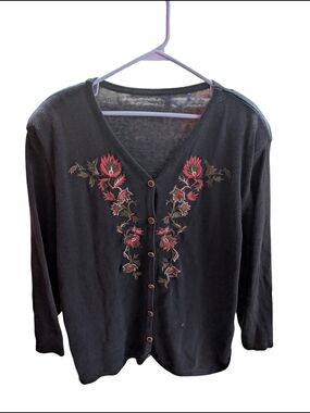 Vintage The Bay Embroidered V-Neck Button Cardigan with Floral Detail